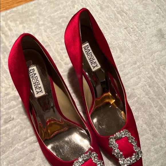 Badgley Mischka Red Satin Heels with Crystal Buckle - Picture 3 of 10